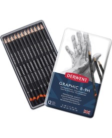 imagem principal do produto Estojo de lata com 12 lápis Graduado de Alta Dureza B, HB, F, H, 2H, 3H, 4H, 5H, 6H, 7H, 8H e 9H Derwent