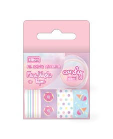 imagem principal do produto Mini Fita Adesiva Washi Tape 12mmX3m Candy - Blister com 5 + Dispenser