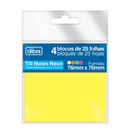 Foto ilustrativa Bloco Adesivo Tili Notes 76x76mm 100 folhas 4 Cores Neon