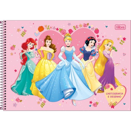 Foto ilustrativa Caderno de Cartografia e Desenho Espiral Capa Dura Princesas 80 Folhas