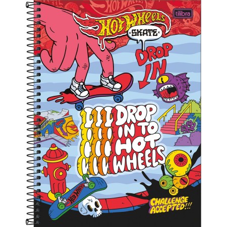 Foto ilustrativa Caderno Espiral Capa Dura Universitário 1 Matéria Hot Wheels Skate 80 Folhas
