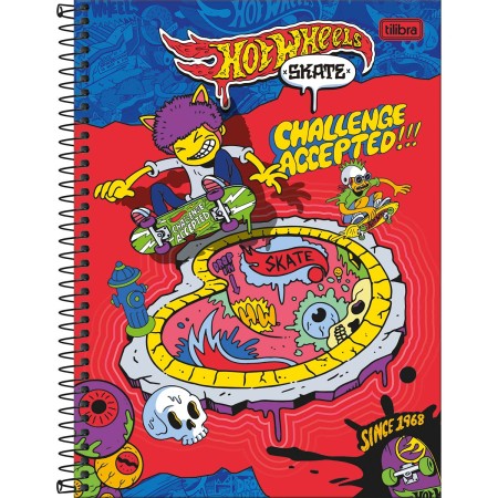 Foto ilustrativa Caderno Espiral Capa Dura Universitário 1 Matéria Hot Wheels Skate 80 Folhas