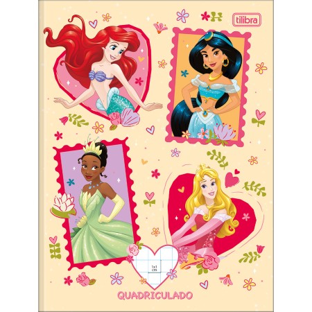 Foto ilustrativa Caderno Quadriculado 1x1 cm Brochura Capa Dura Princesas 40 Folhas