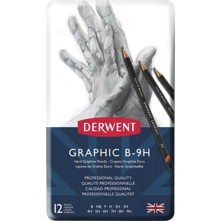 Foto ilustrativa Estojo de lata com 12 lápis Graduado de Alta Dureza B, HB, F, H, 2H, 3H, 4H, 5H, 6H, 7H, 8H e 9H Derwent