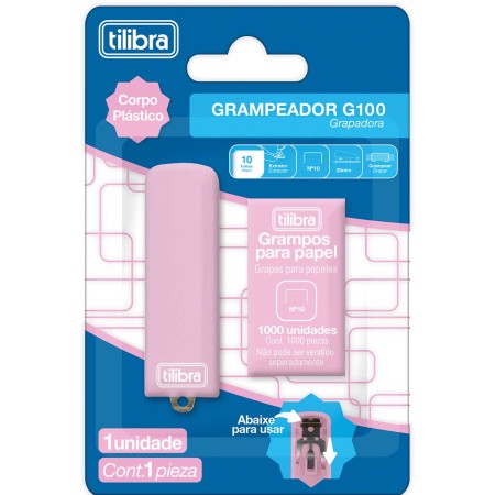 Foto ilustrativa Grampeador 10 Folhas Mini com Extrator G100 Rosa + 1000 Grampos Nº 10