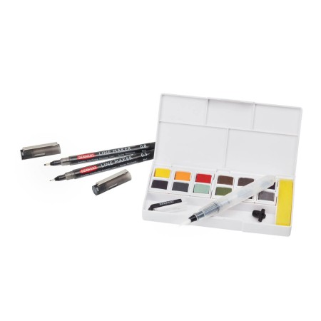Foto ilustrativa Kit de Aquarela Line & Wash com 12 Cores de Aquarelas em Pastilha e 2 canetas Line Maker
