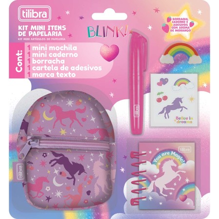 Foto ilustrativa Kit Mini Itens de Papelaria Unicórnio - Blister com 5 Unidades
