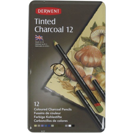 Foto ilustrativa Lápis de Cor em Carvão Tingido 12 Cores Estojo Lata