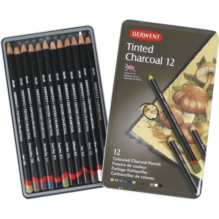 Foto ilustrativa Lápis de Cor em Carvão Tingido 12 Cores Estojo Lata