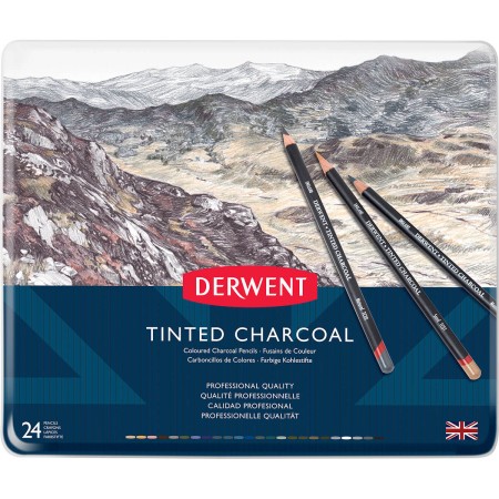 Foto ilustrativa Lápis de Cor em Carvão Tingido 24 Cores Estojo Lata