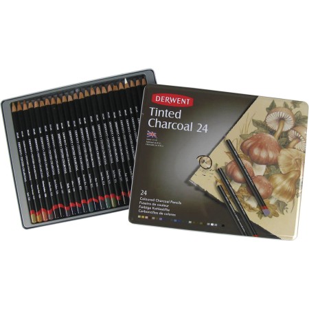 Foto ilustrativa Lápis de Cor em Carvão Tingido 24 Cores Estojo Lata