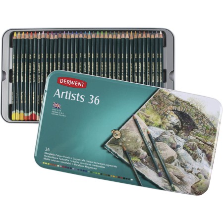 Foto ilustrativa Lápis de Cor Permanente Artists 36 Cores Estojo Lata Derwent