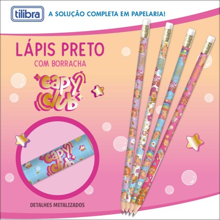 Foto ilustrativa Lápis Preto Redondo com Borracha N.2 Capyclub - Blister com 4 Unidades