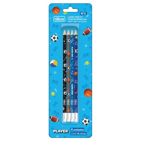 Foto ilustrativa Lápis Preto Redondo com Borracha N.2 Player - Blister com 4 Unidades