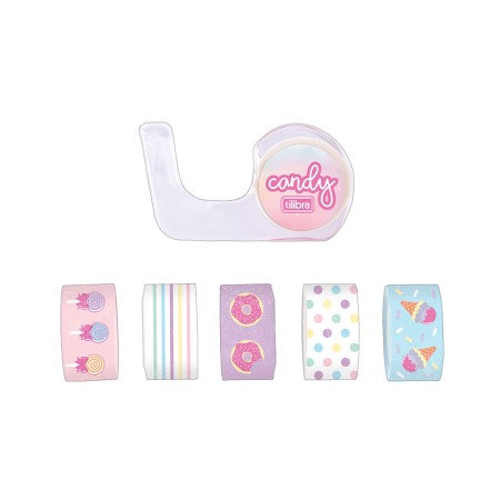Foto ilustrativa Mini Fita Adesiva Washi Tape 12mmX3m Candy - Blister com 5 + Dispenser