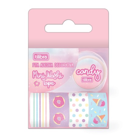 Foto ilustrativa Mini Fita Adesiva Washi Tape 12mmX3m Candy - Blister com 5 + Dispenser