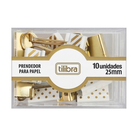 Foto ilustrativa Prendedor de Papel 25mm Dourado, Listras e Bolinhas 10 Unidades