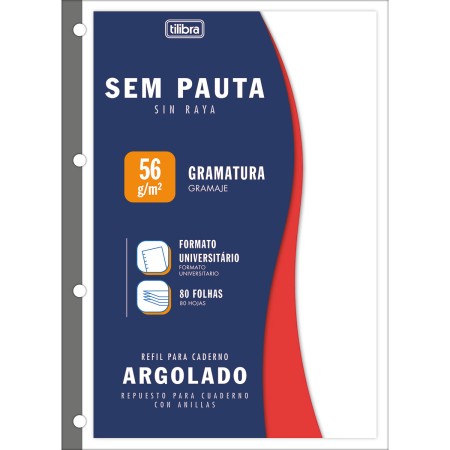 Foto ilustrativa Refil Tiliflex sem Pauta para Caderno Argolado Universitário 80 Folhas
