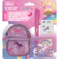 Foto ilustrativa Kit Mini Itens de Papelaria Unicórnio - Blister com 5 Unidades